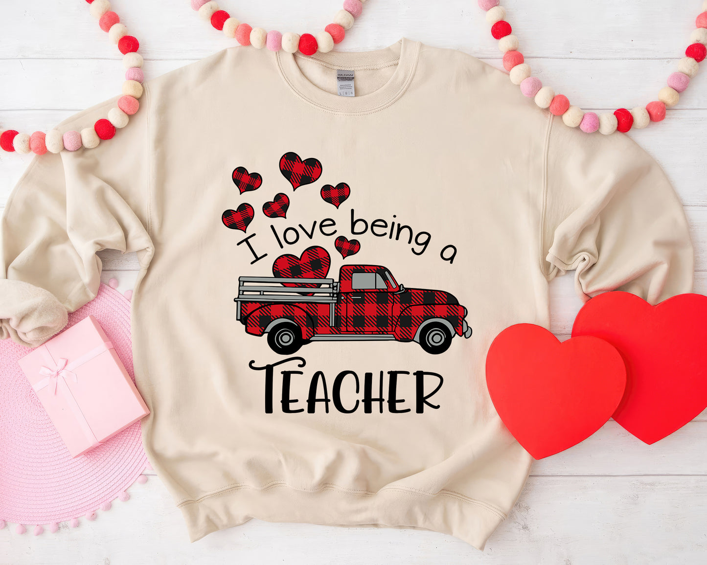 Tee Art Online - Valentine I Love Being A Teacher Personalized Sweatshirt | Valentine's Day Kawaii Cute | Education Teacher Customized Design - Beige