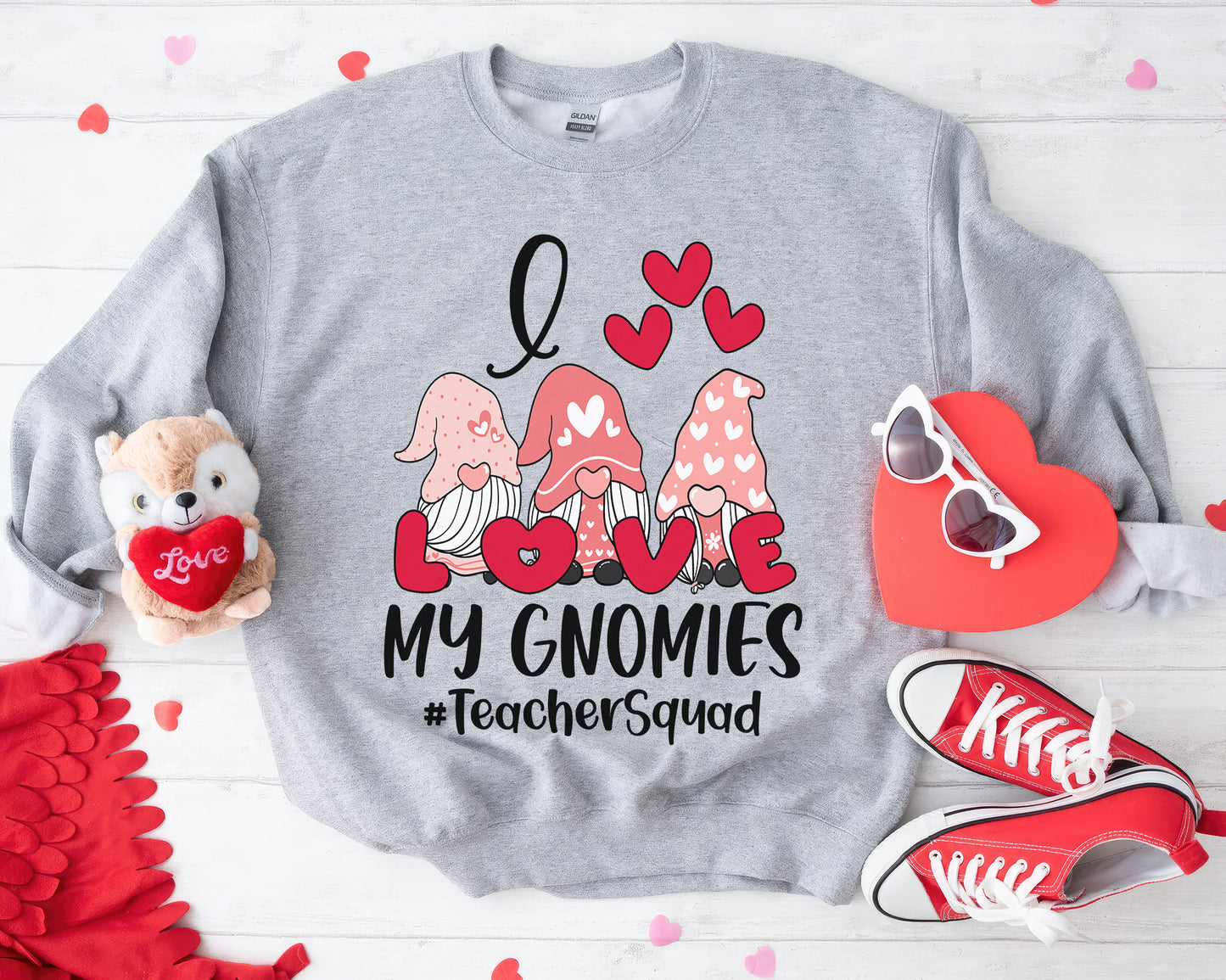 Tee Art Online - Valentine I Love My Gnomies Personalized Sweatshirt | Valentine's Day Kawaii Cute Sweatshirts | Customized Teacher Design | Red Heart - Ash