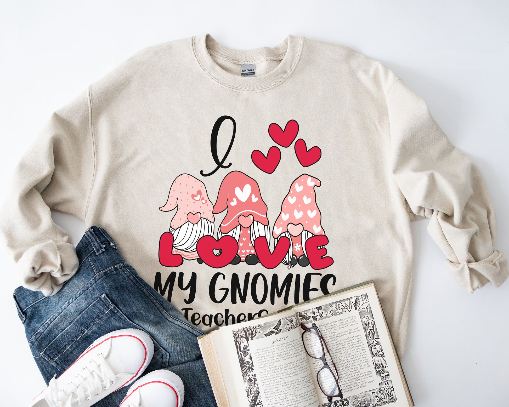 Tee Art Online - Valentine I Love My Gnomies Personalized Sweatshirt | Valentine's Day Kawaii Cute Sweatshirts | Customized Teacher Design | Red Heart - Beige
