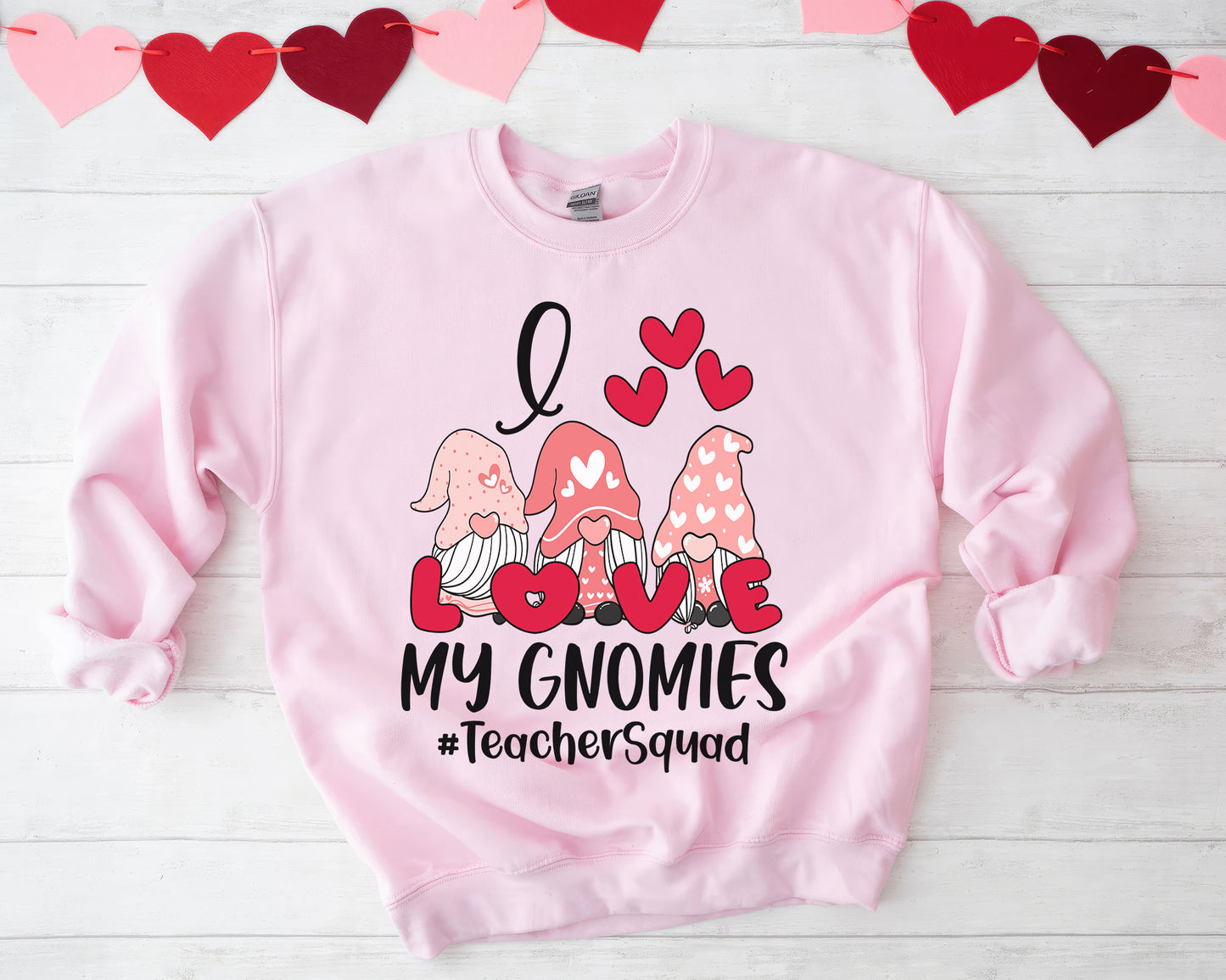 Tee Art Online - Valentine I Love My Gnomies Personalized Sweatshirt | Valentine's Day Kawaii Cute Sweatshirts | Customized Teacher Design | Red Heart - Pink