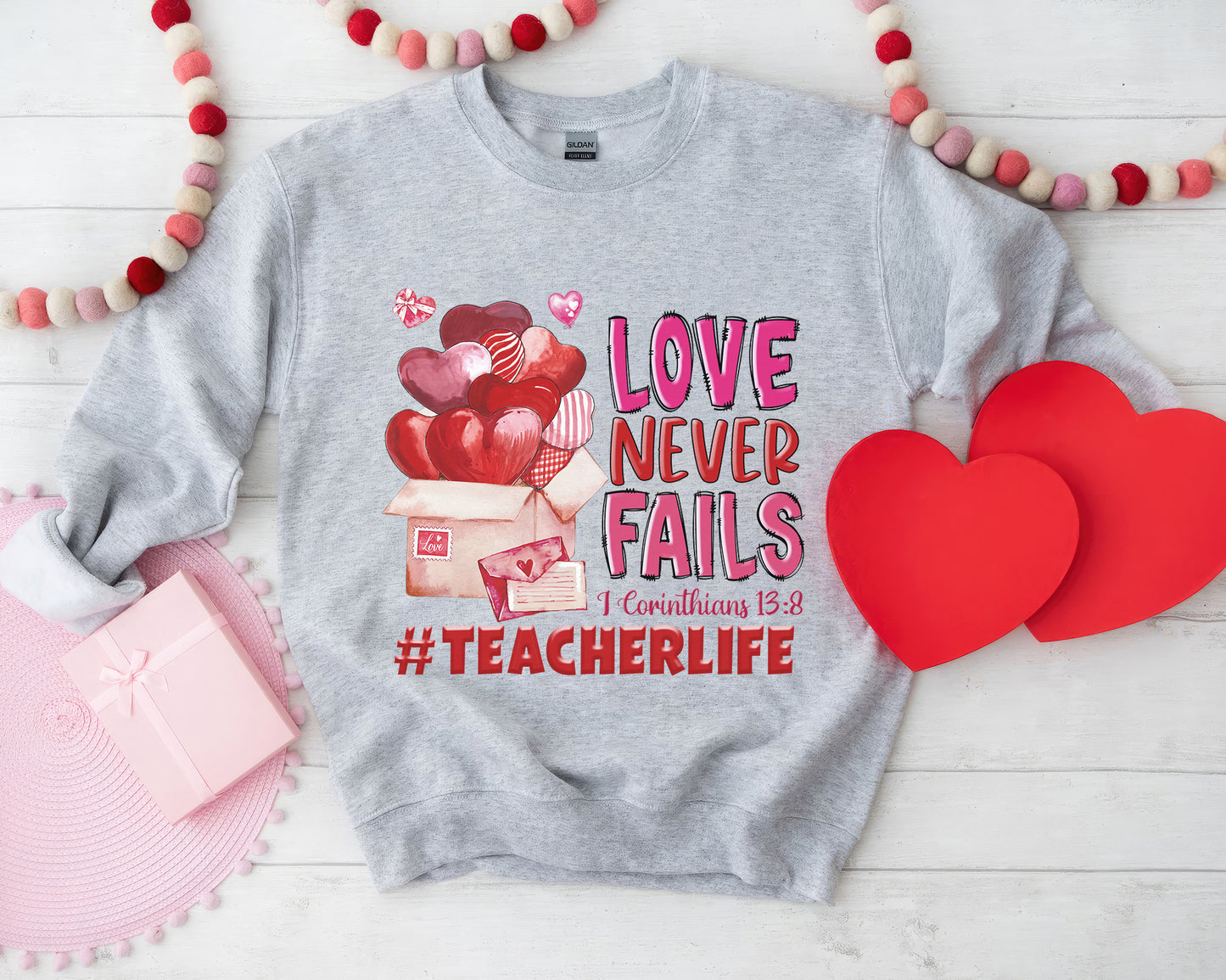 Tee Art Online - Valentine Watercolor Love Never Fails Personalized Sweatshirt | Valentine's Day Kawaii Cute Teacher Gifts | I Corinthians 13:8 quotes - Ash