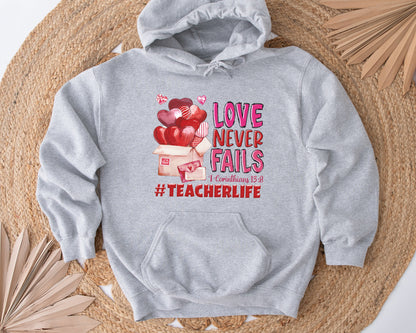 Tee Art Online - Valentine Watercolor Love Never Fails Personalized Hoodie | Valentine's Day Kawaii Cute Teacher Gifts| I Corinthians 13:8 quotes - Ash