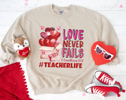 Tee Art Online - Valentine Watercolor Love Never Fails Personalized Sweatshirt | Valentine's Day Kawaii Cute Teacher Gifts | I Corinthians 13:8 quotes - Beige