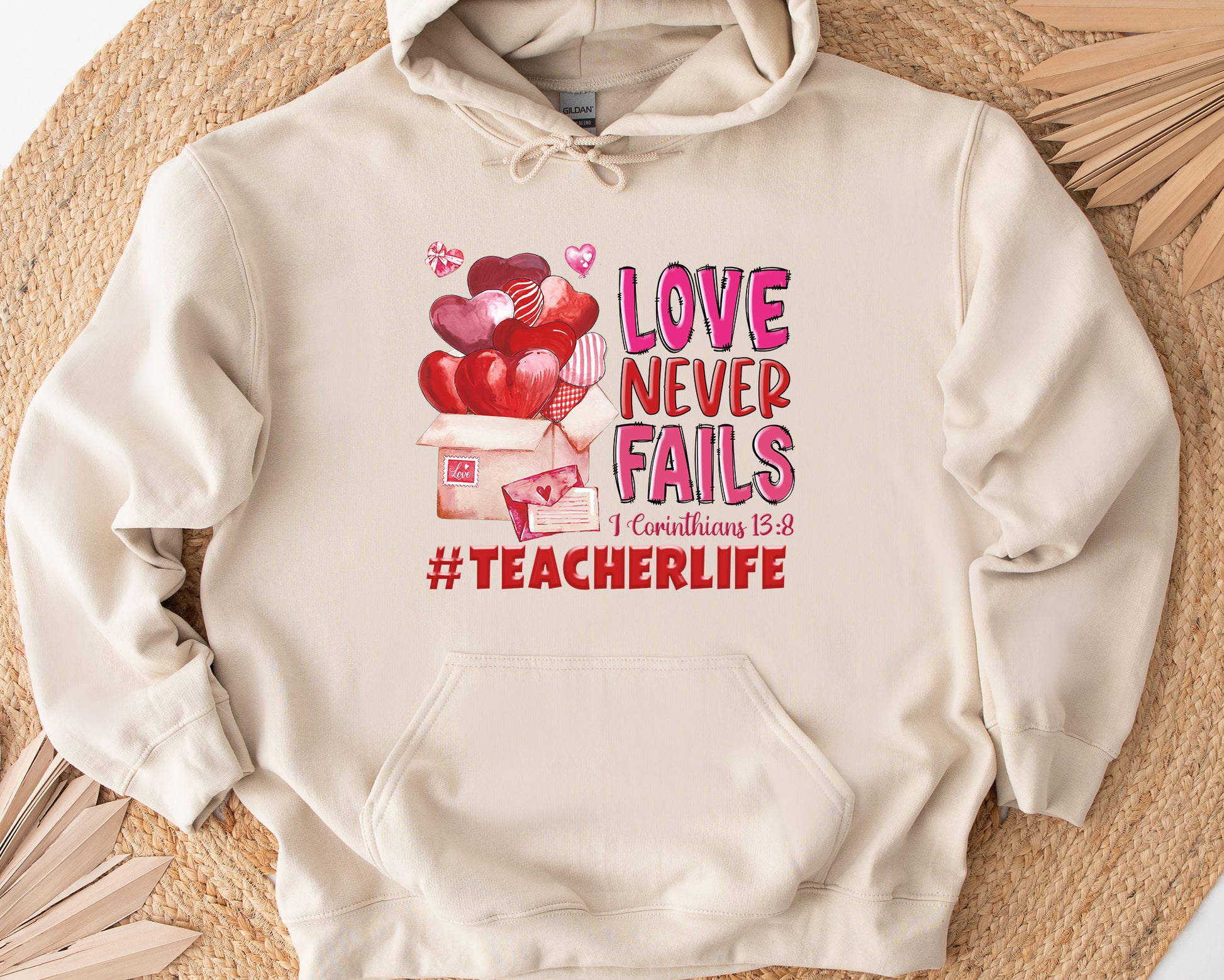 Tee Art Online - Valentine Watercolor Love Never Fails Personalized Hoodie | Valentine's Day Kawaii Cute Teacher Gifts| I Corinthians 13:8 quotes - beige