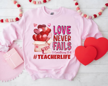 Tee Art Online - Valentine Watercolor Love Never Fails Personalized Sweatshirt | Valentine's Day Kawaii Cute Teacher Gifts | I Corinthians 13:8 quotes - Pink