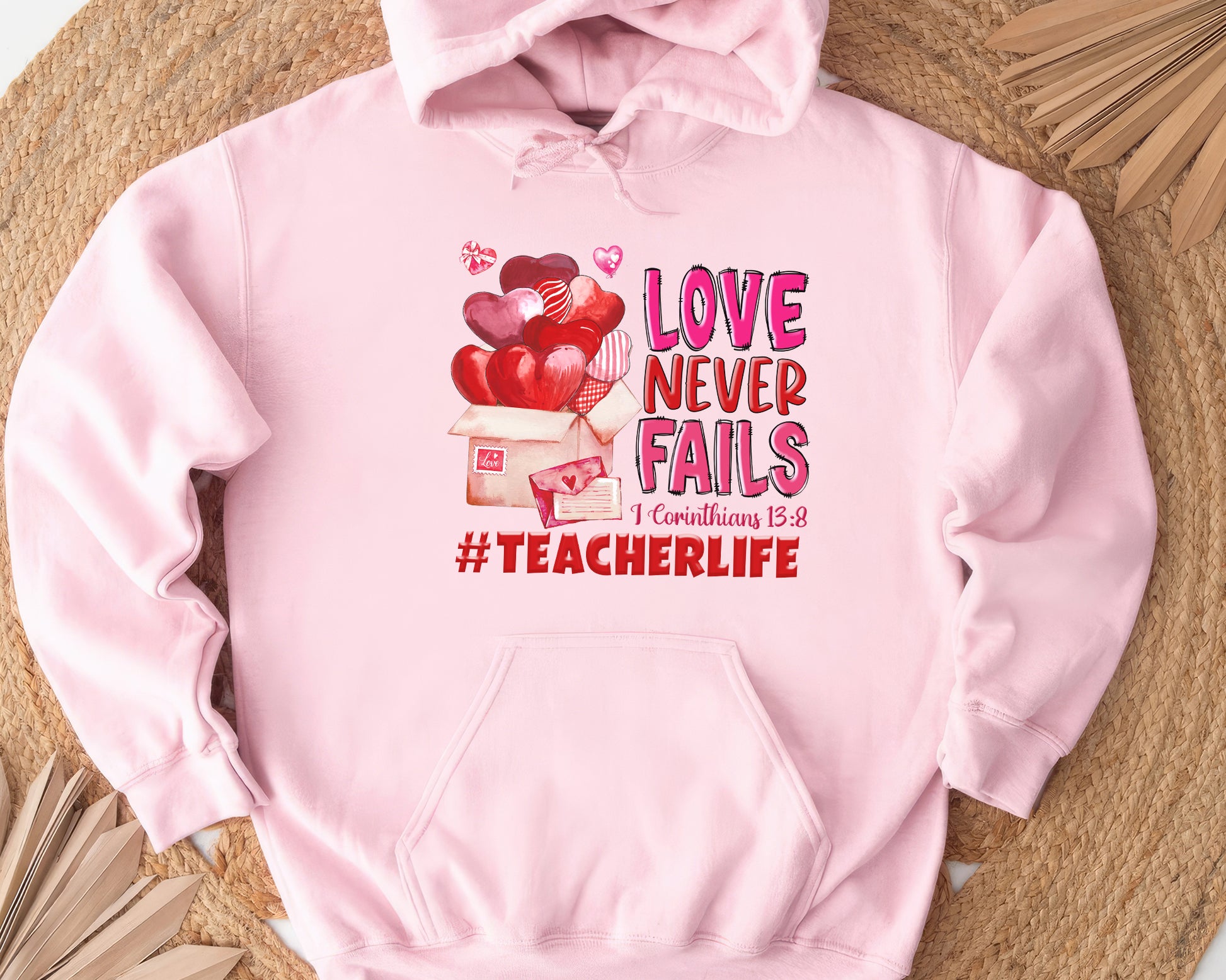 Tee Art Online - Valentine Watercolor Love Never Fails Personalized Hoodie | Valentine's Day Kawaii Cute Teacher Gifts| I Corinthians 13:8 quotes - pink