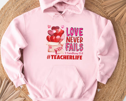 Tee Art Online - Valentine Watercolor Love Never Fails Personalized Hoodie | Valentine's Day Kawaii Cute Teacher Gifts| I Corinthians 13:8 quotes - pink