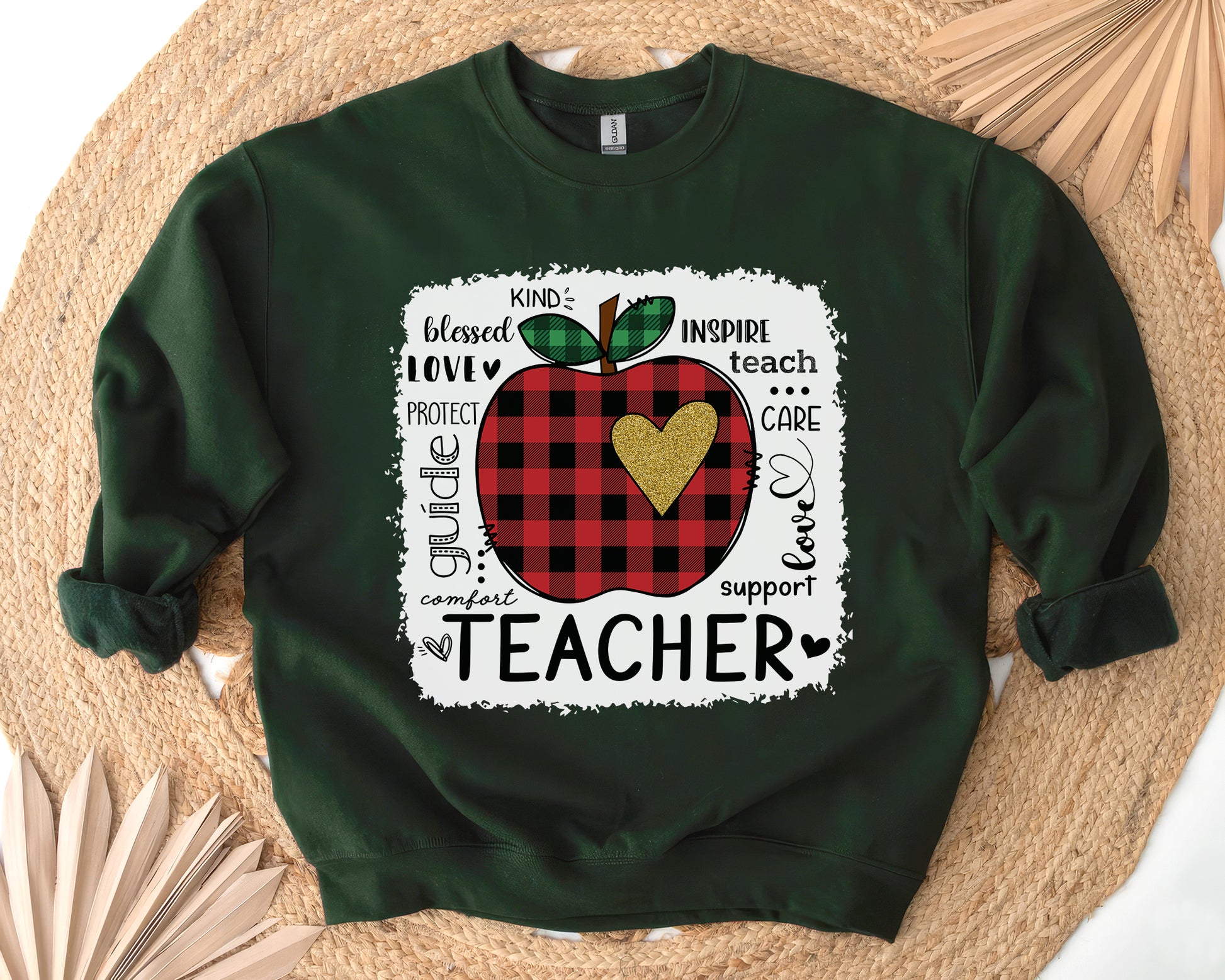 Tee Art Online - Valentine Typography Cute Red Apple Buffalo Plaid LOVE Teacher Personalized Sweatshirt | Valentine's Day Kawaii Cute Gifts | Teacher Design - FOrest Green