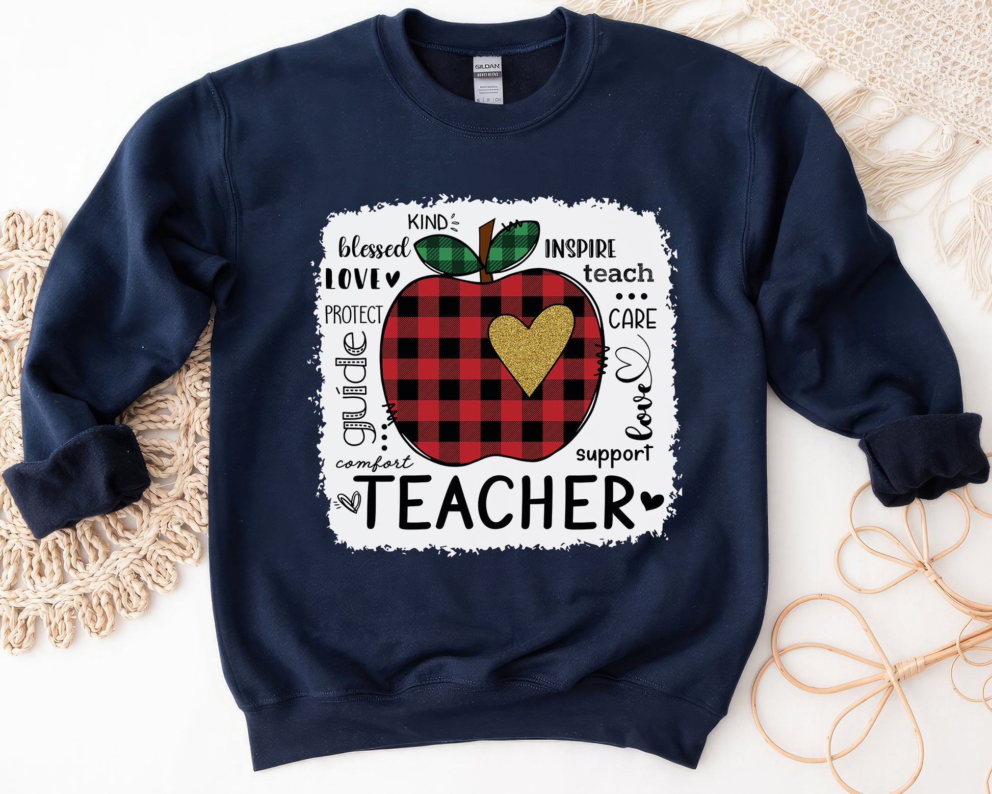 Tee Art Online - Valentine Typography Cute Red Apple Buffalo Plaid LOVE Teacher Personalized Sweatshirt | Valentine's Day Kawaii Cute Gifts | Teacher Design - Navy