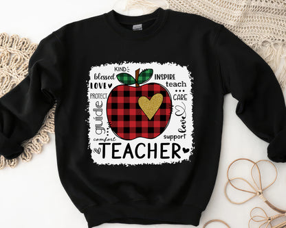 Tee Art Online - Valentine Typography Cute Red Apple Buffalo Plaid LOVE Teacher Personalized Sweatshirt | Valentine's Day Kawaii Cute Gifts | Teacher Design - Black