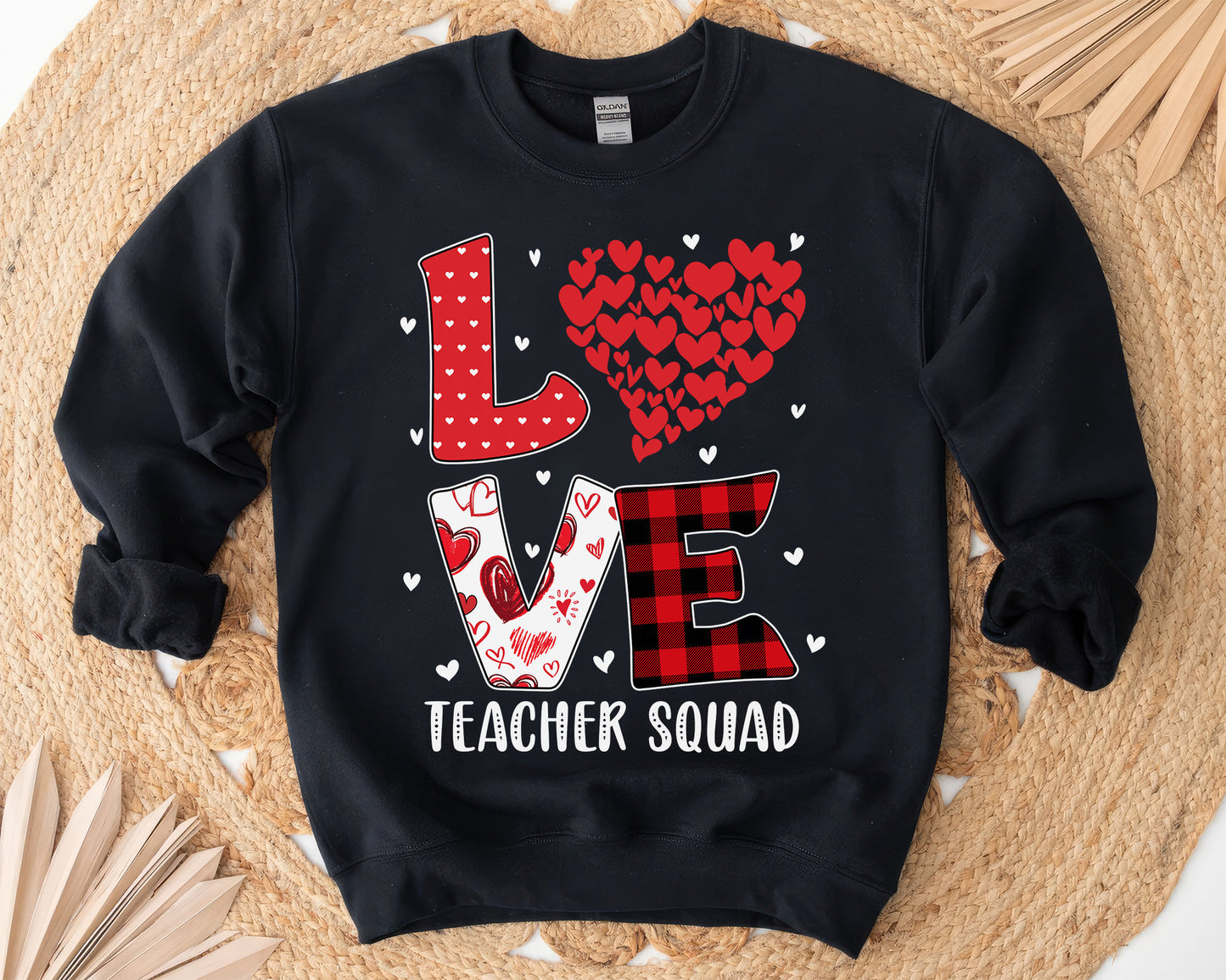 Tee Art Online - Valentine Red Hearts Within Heart LOVE Teacher Personalized Sweatshirt | Valentine's Day Kawaii Cute Gifts | Buffalo Plaid Pattern Design - Black
