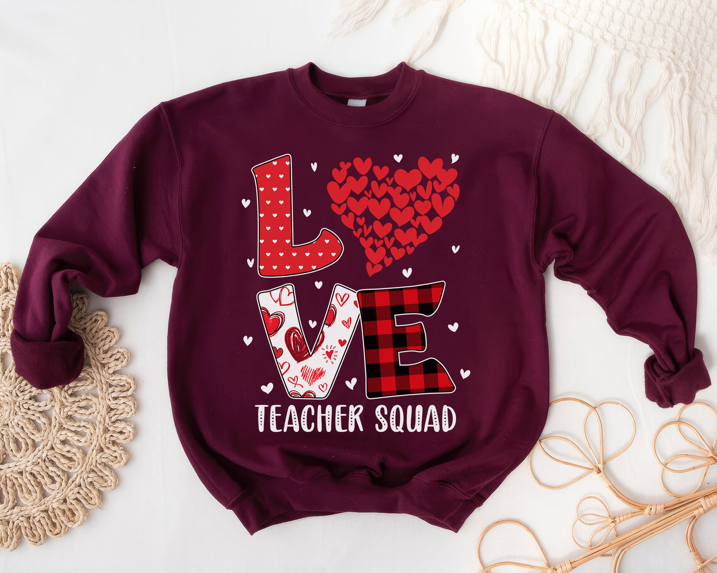 Tee Art Online - Valentine Red Hearts Within Heart LOVE Teacher Personalized Sweatshirt | Valentine's Day Kawaii Cute Gifts | Buffalo Plaid Pattern Design - Maroon