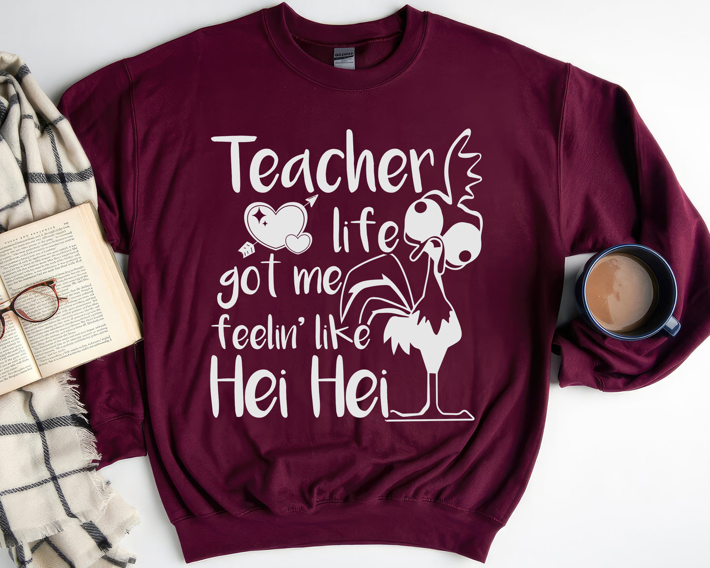Tee Art Online - Teacher life got me feelin' like hei hei Personalized Sweatshirt | Typography Kawaii Cute Teacher Customized Design - Maroon