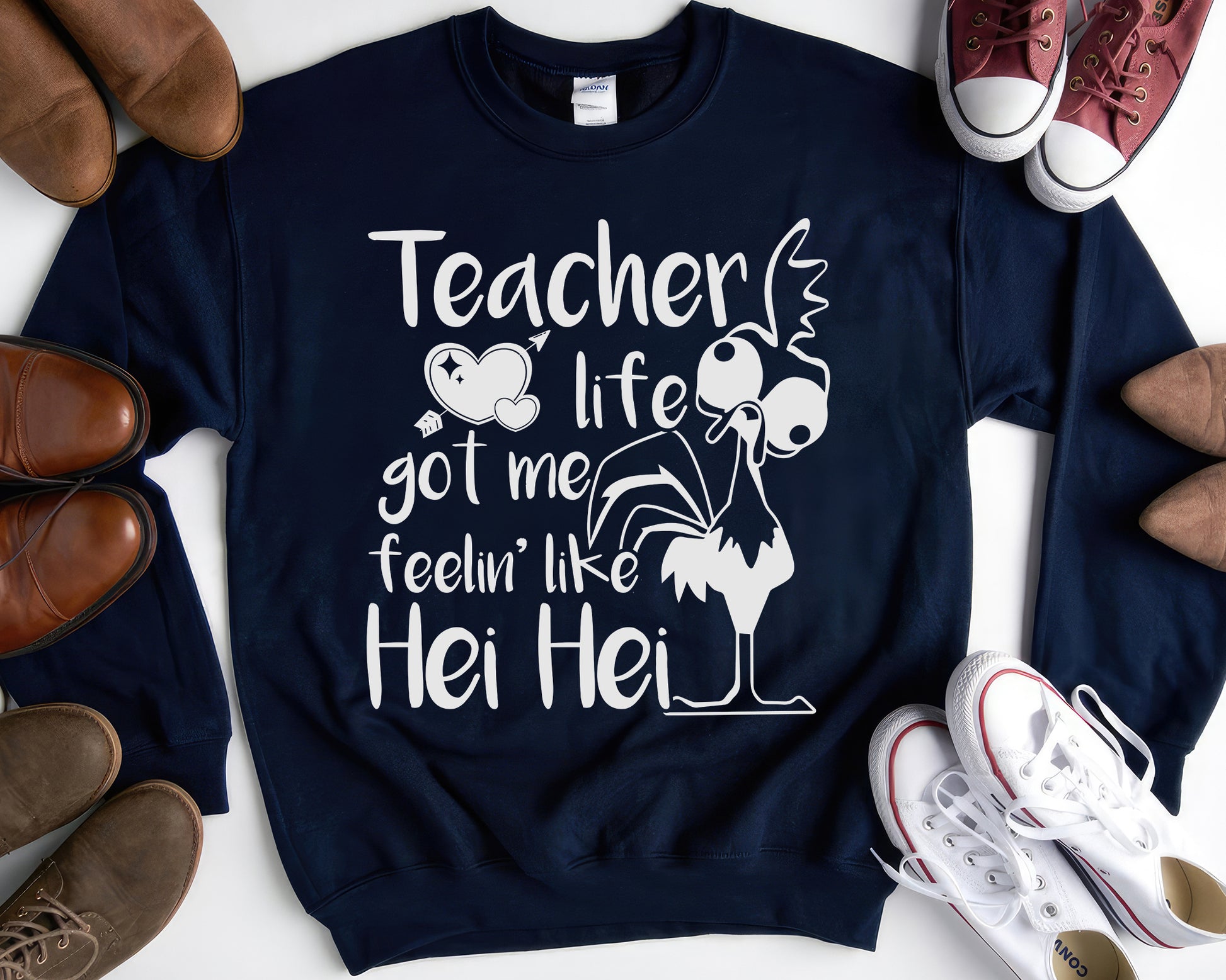 Tee Art Online - Teacher life got me feelin' like hei hei Personalized Sweatshirt | Typography Kawaii Cute Teacher Customized Design - Navy