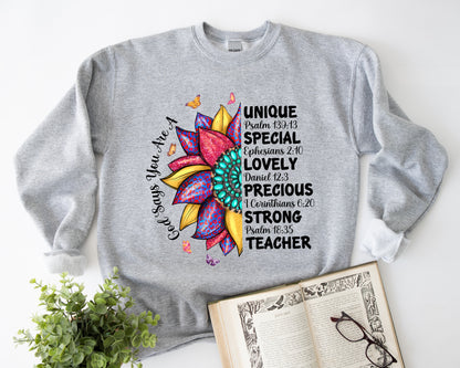 Tee Art Online - God Says You Are A Teacher Personalized Sweatshirt | Leopard Native American Turquoise Sunflower Design | Fully Customized