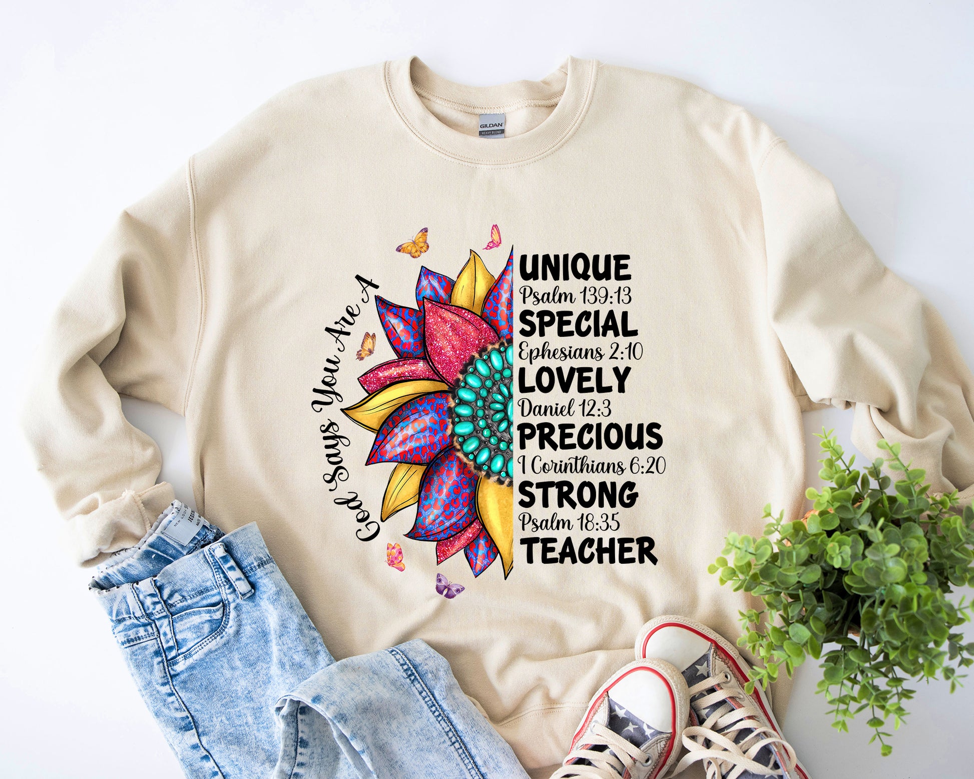 Tee Art Online - God Says You Are A Teacher Personalized Sweatshirt | Leopard Native American Turquoise Sunflower Design | Fully Customized - beige
