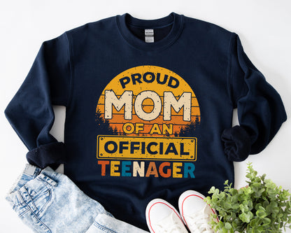 Tee Art Online - Retro Sunset Proud MOM of An Official Teenager Sweatshirt - Retro Style Sweatshirt Design | Family Apparel - navy