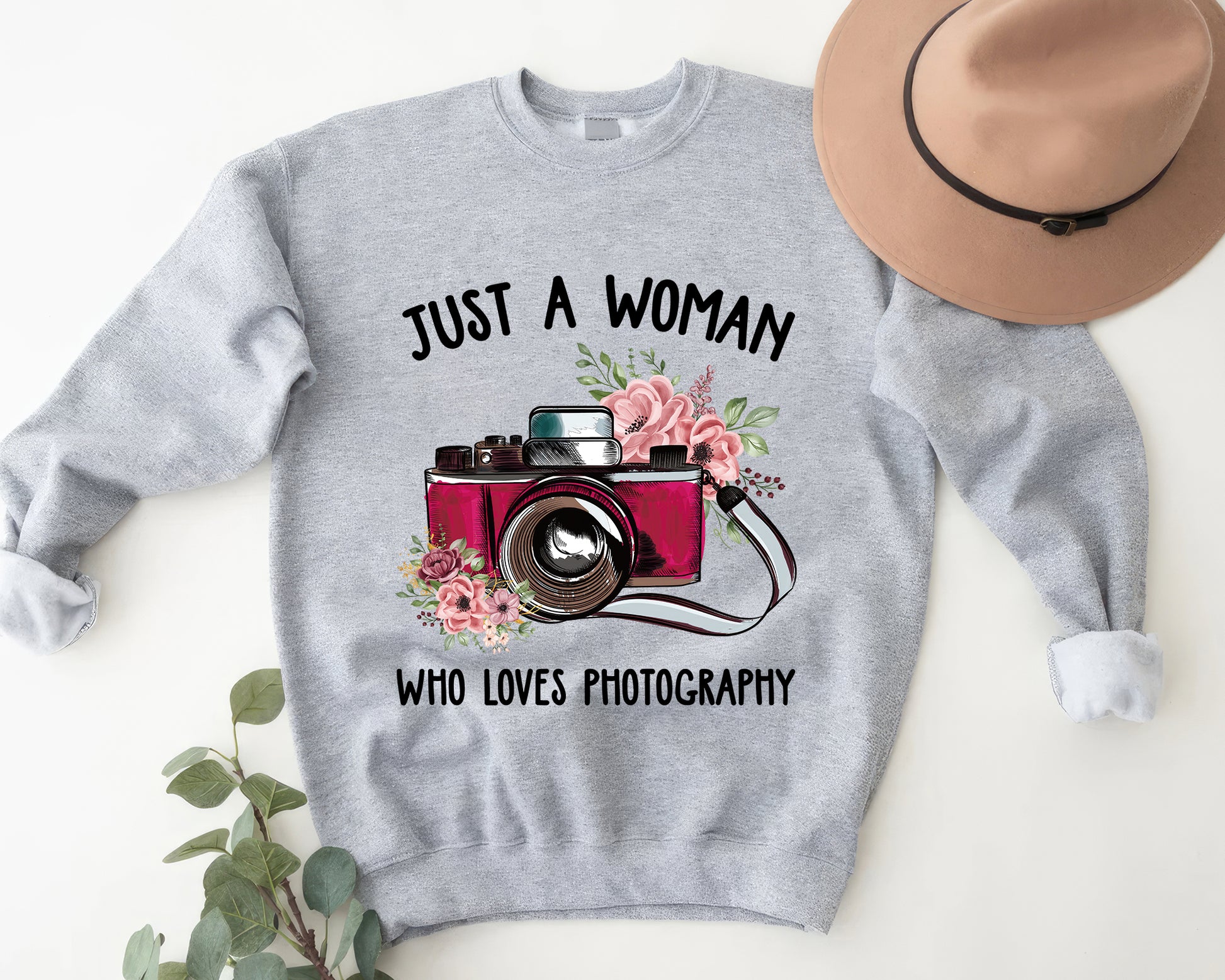 Tee Art Online Just A Woman Who Loves Photography Sweatshirt | Typography Boho Watercolor Floral Cute Photography Girl Design | Floral Bohemian Hippie