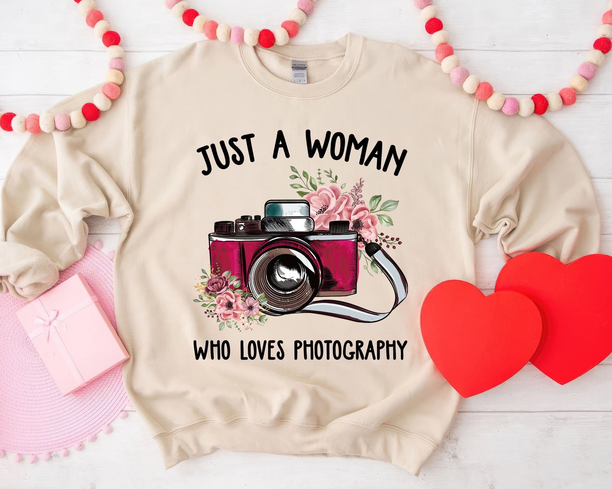 Tee Art Online - Just A Woman Who Loves Photography Sweatshirt | Typography Boho Watercolor Floral Cute Photography Girl Design | Floral Bohemian Hippie - beige