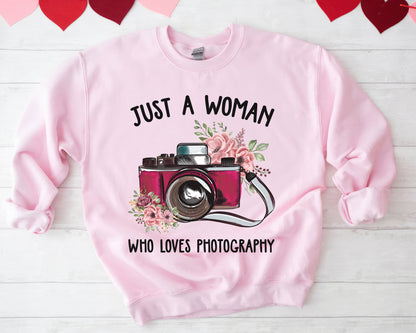 Tee Art Online - Just A Woman Who Loves Photography Sweatshirt | Typography Boho Watercolor Floral Cute Photography Girl Design | Floral Bohemian Hippie - pink