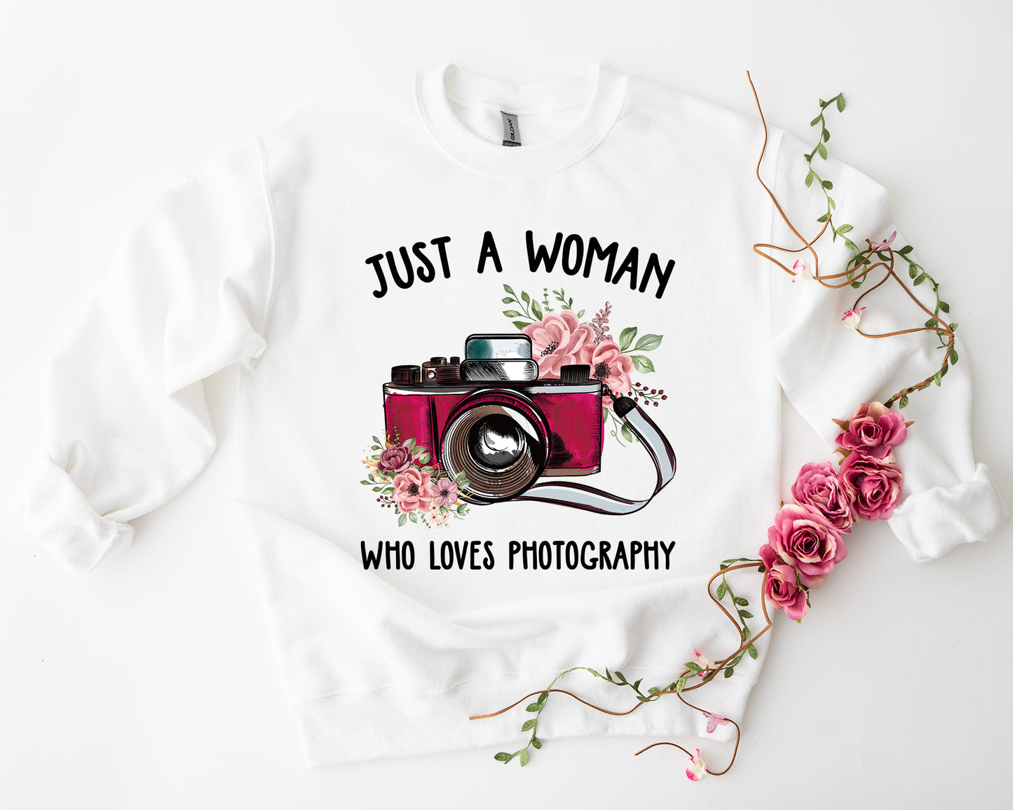 Tee Art Online Just A Woman Who Loves Photography Sweatshirt | Typography Boho Watercolor Floral Cute Photography Girl Design | Floral Bohemian Hippie - white