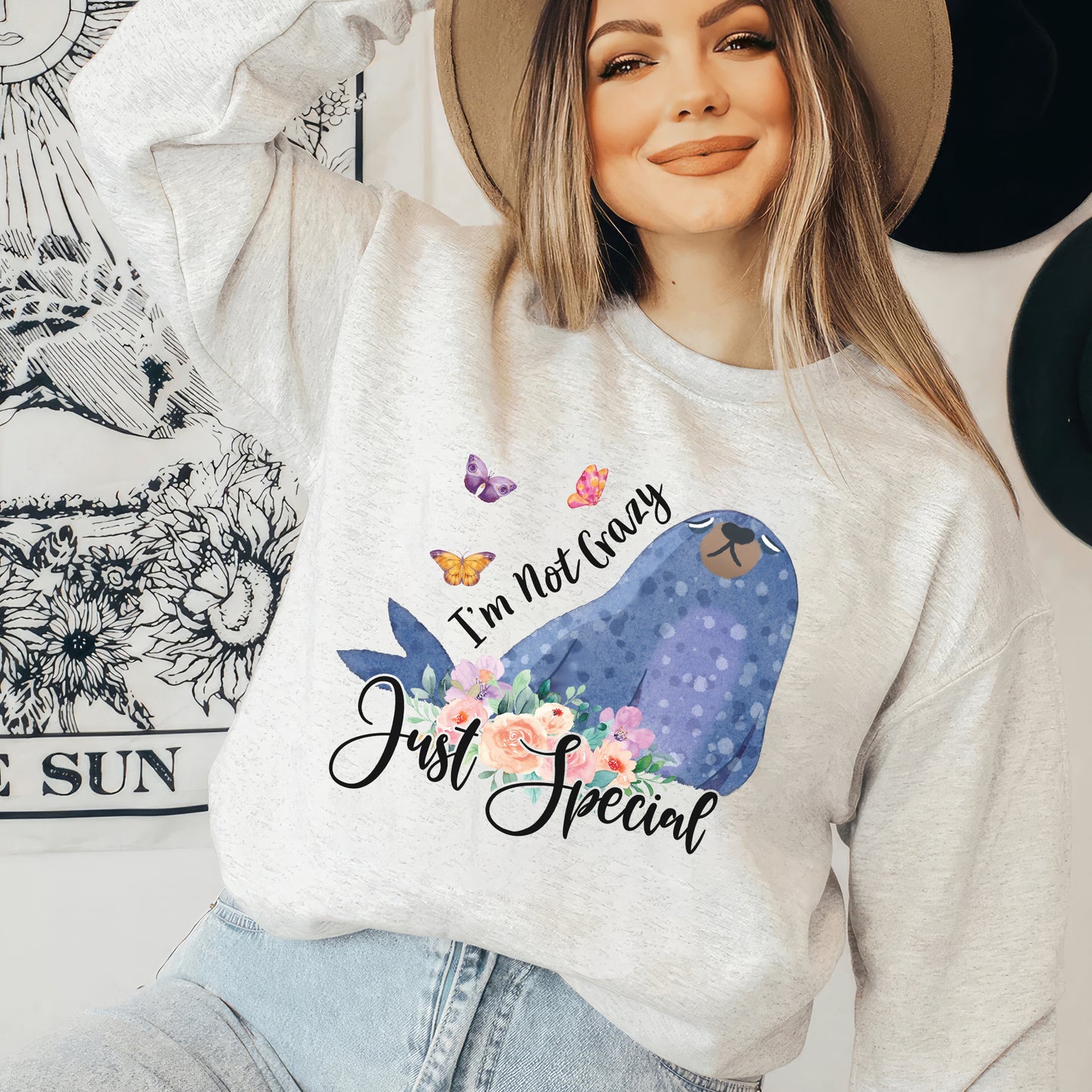 Tee Art Online - I'm Not Crazy Just Special Sweatshirt | Funny Quote Sweatshirt | Boho Rainbow Cute Seal Sweatshirt | Floral Hippie Apparel - Ash