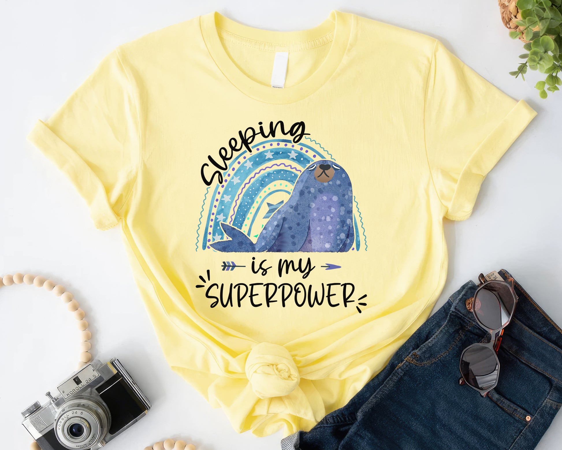 Tee Art Online Sleeping Is My Superpower Tee | Funny Quote Tee | Boho Rainbow Cute Seal T-shirts - cornsilk