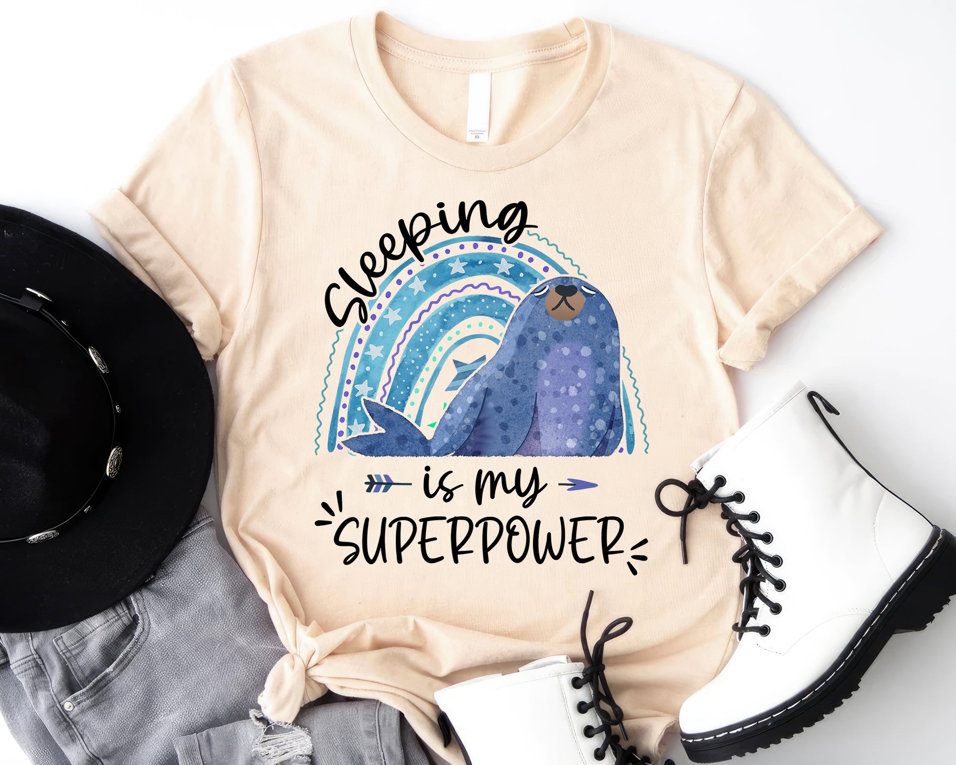 Tee Art Online Sleeping Is My Superpower Tee | Funny Quote Tee | Boho Rainbow Cute Seal T-shirts - natural