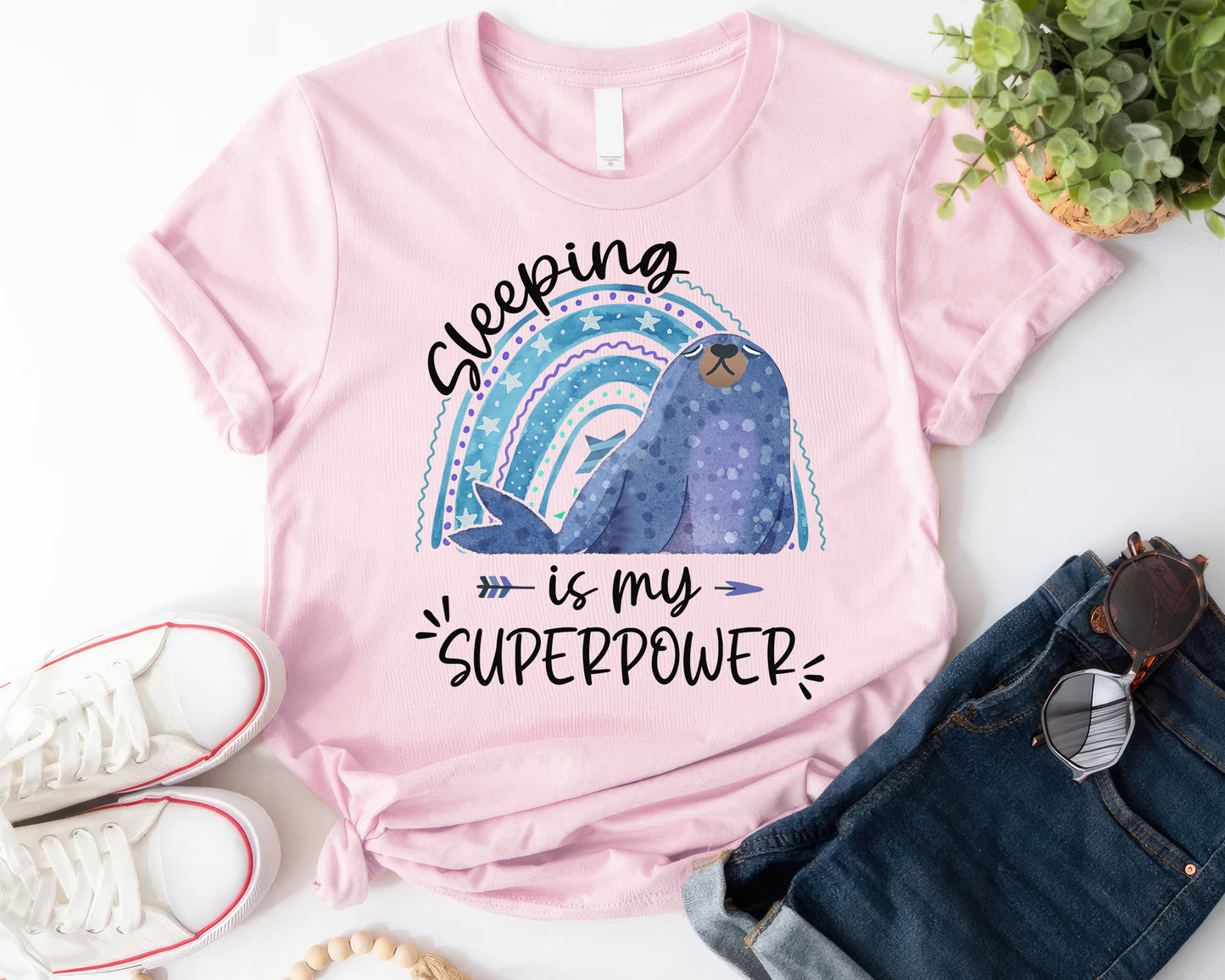 Tee Art Online Sleeping Is My Superpower Tee | Funny Quote Tee | Boho Rainbow Cute Seal T-shirts - pink