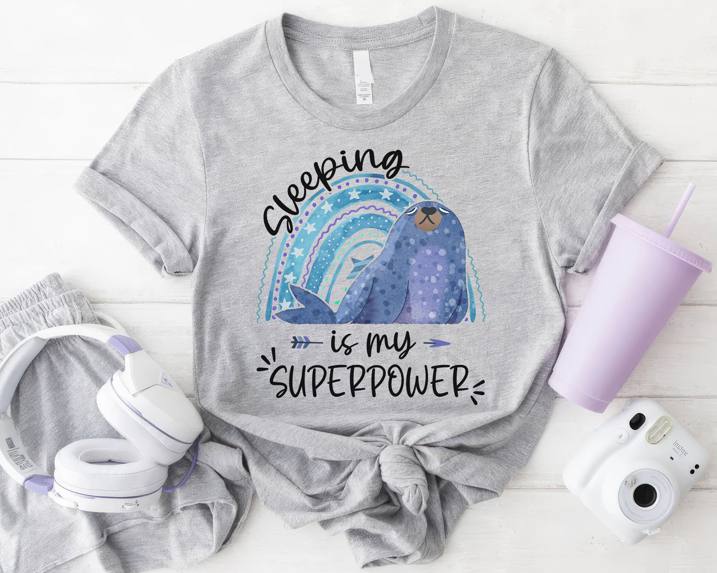 Tee Art Online Sleeping Is My Superpower Tee | Funny Quote Tee | Boho Rainbow Cute Seal T-shirts - sport grey