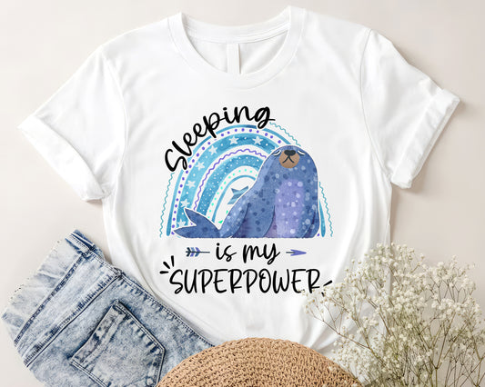 Tee Art Online Sleeping Is My Superpower Tee | Funny Quote Tee | Boho Rainbow Cute Seal T-shirts - White