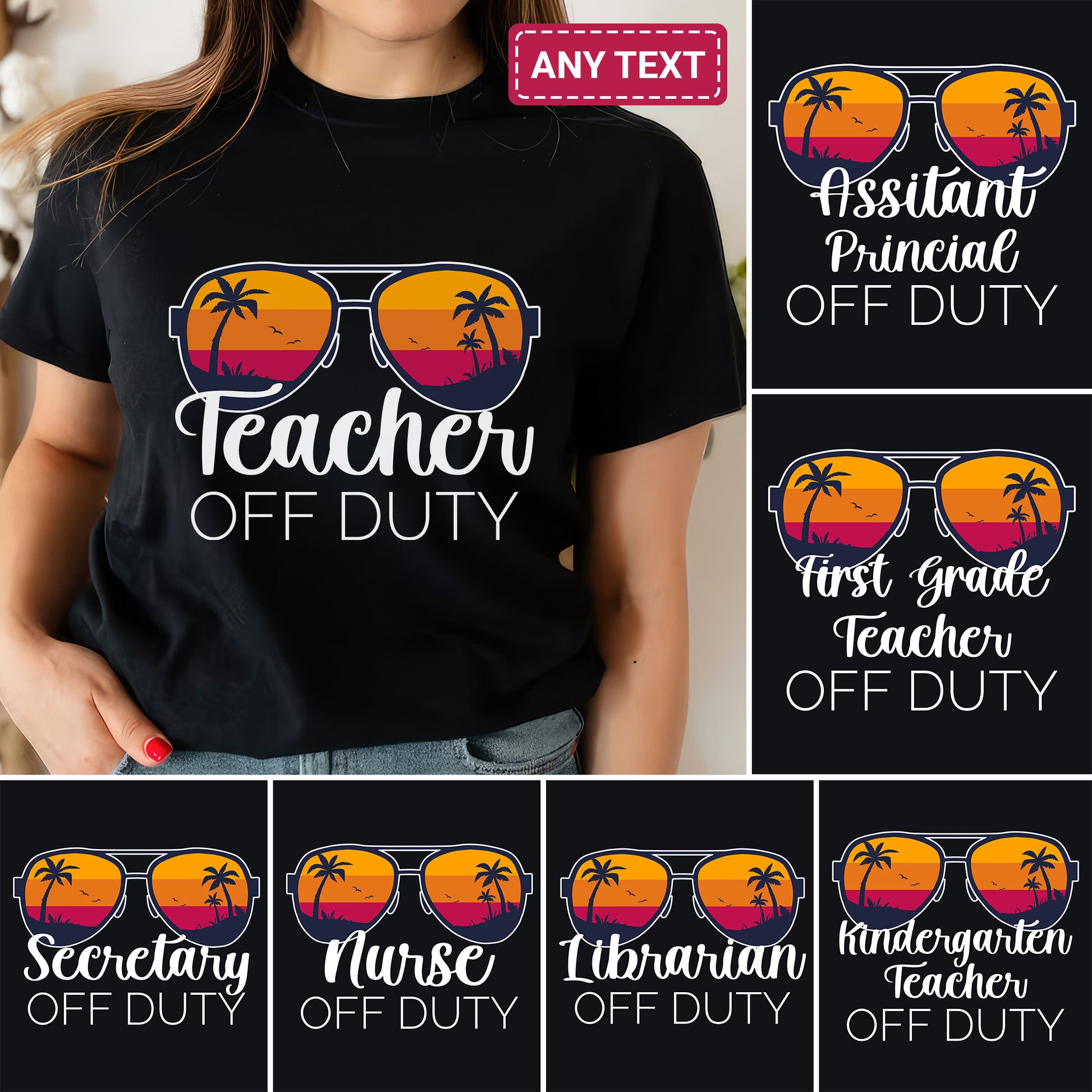 Tee Art Online - Retro Sunset Teacher Off Duty Tee | Funny Ocean Summer Tee | Vintage Retro Personalized Design | Teacher T-shirt