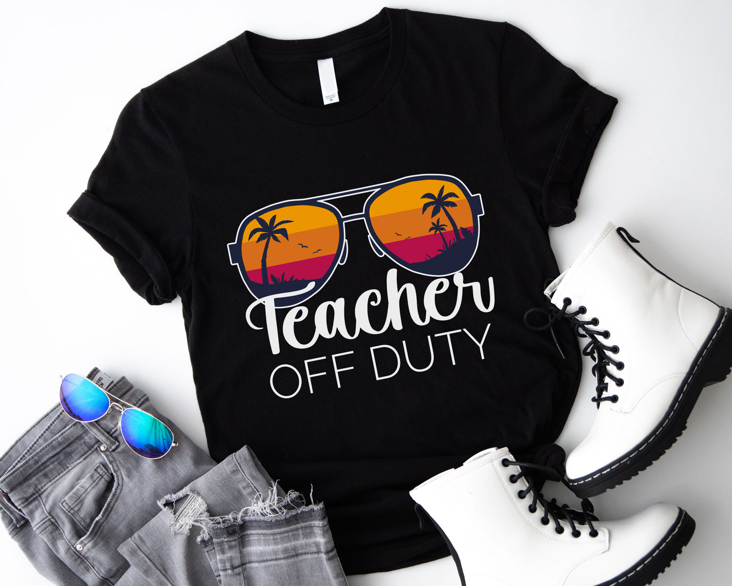 Tee Art Online - Retro Sunset Teacher Off Duty Tee | Funny Ocean Summer Tee | Vintage Retro Personalized Design | Teacher T-shirt - black