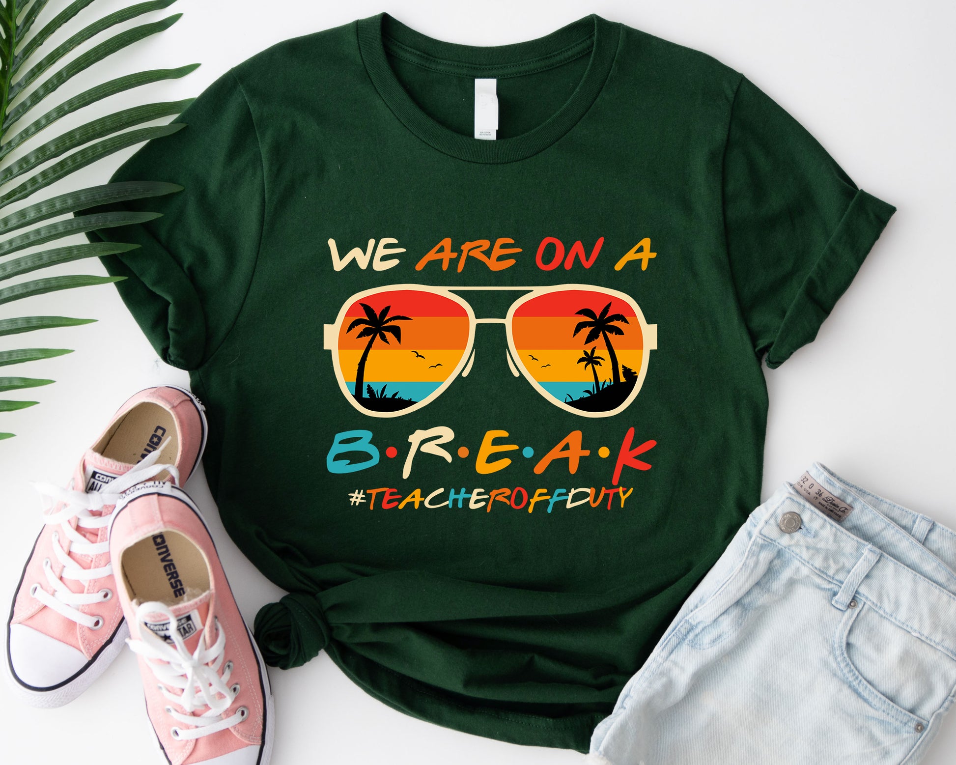 Tee Art Online - Retro Sunset Teacher Off Duty Tee | Funny Ocean Summer Tee | Vintage Retro Personalized Design | Teacher T-shirt - forest green