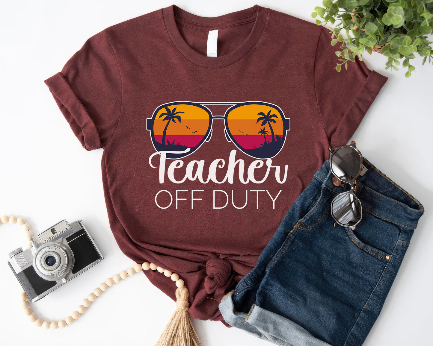 Tee Art Online - Retro Sunset Teacher Off Duty Tee | Funny Ocean Summer Tee | Vintage Retro Personalized Design | Teacher T-shirt -maroon