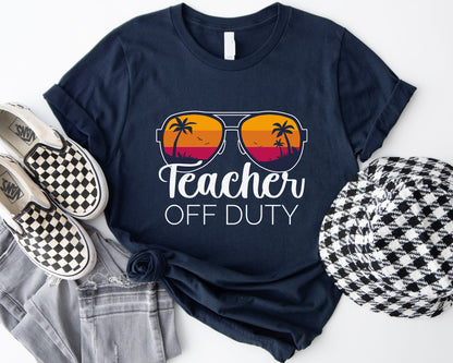 Tee Art Online - Retro Sunset Teacher Off Duty Tee | Funny Ocean Summer Tee | Vintage Retro Personalized Design | Teacher T-shirt - navy