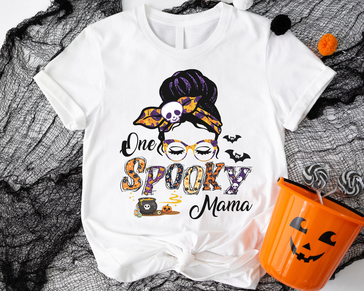 Tee Art Online -Halloween One Spooky Mama Tee | Hallothanksmas Halloween Thanksgiving Christmas Autumn Fall Fully Personalized Customized Design - White