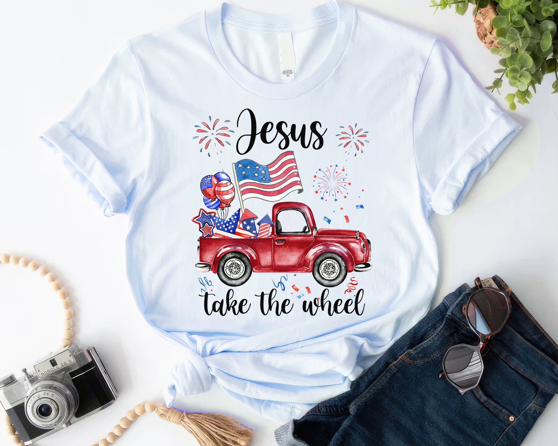 Tee Art Online - Fourth of July Jesus Take The Wheel Vintage Truck Firework Tee | Veteran Day -Memorial Day - US Independence Day Patriot Day Retro Design - light lue