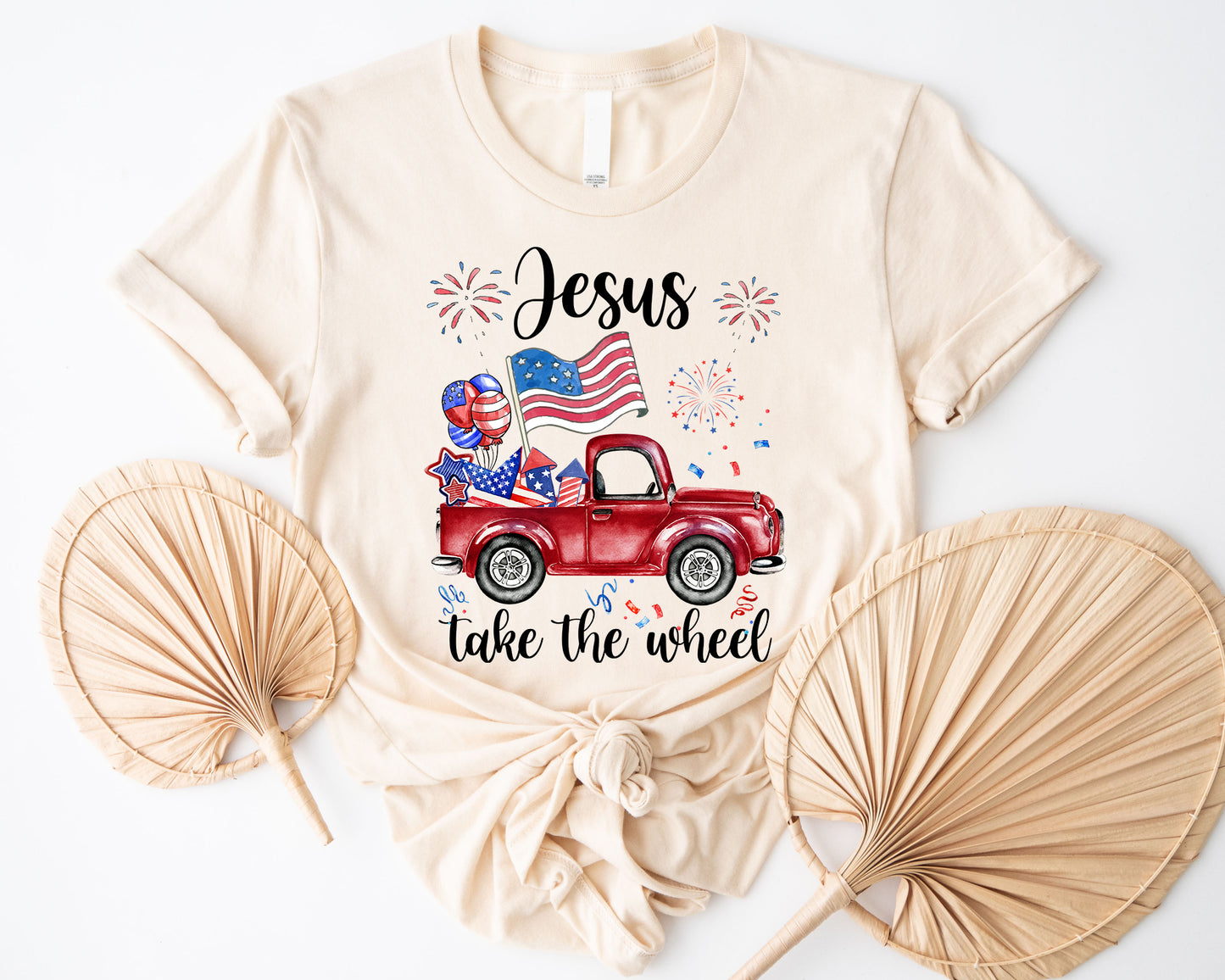 Tee Art Online - Fourth of July Jesus Take The Wheel Vintage Truck Firework Tee | Veteran Day -Memorial Day - US Independence Day Patriot Day Retro Design - natural