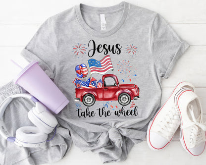 Tee Art Online - Fourth of July Jesus Take The Wheel Vintage Truck Firework Tee | Veteran Day -Memorial Day - US Independence Day Patriot Day Retro Design - sport grey