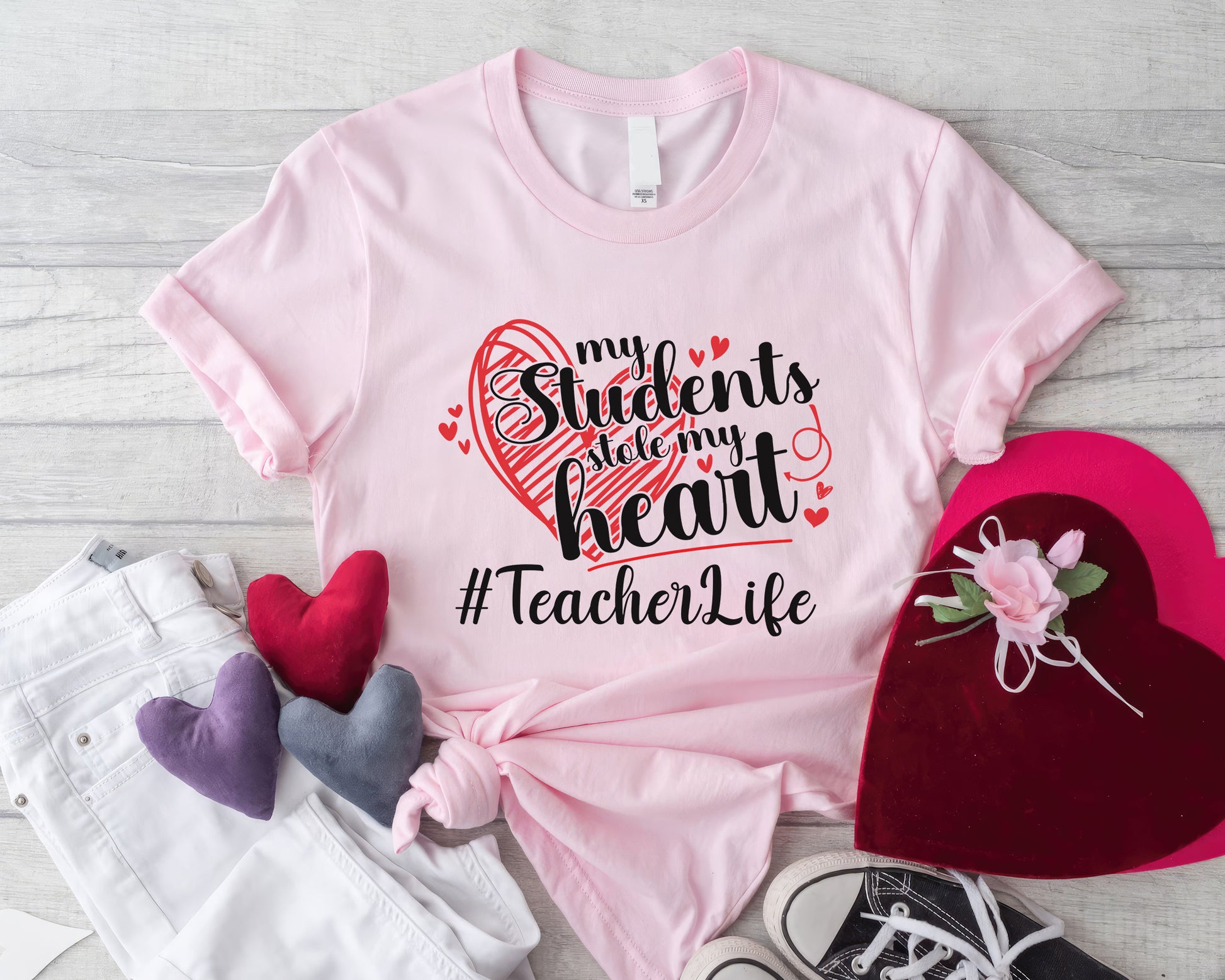 Valentine My Students Stole My Heart Teacher Life Personalized Unisex Tee | Valentine's Day Kawaii Cute T-shirts | Education Teacher Design - pink