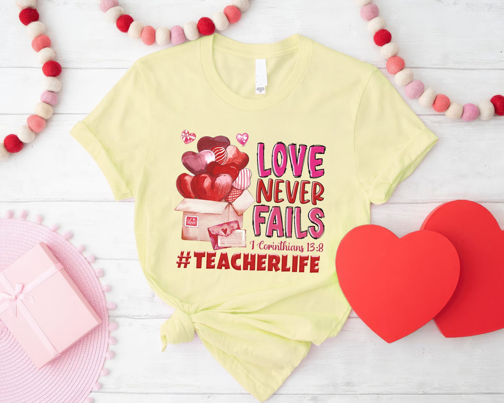 Tee Art Online - Valentine Watercolor Love Never Fails Personalized Tee | Valentine's Day Kawaii Cute Gifts | Teacher Design | I Corinthians 13:8 quotes - Cornsilk
