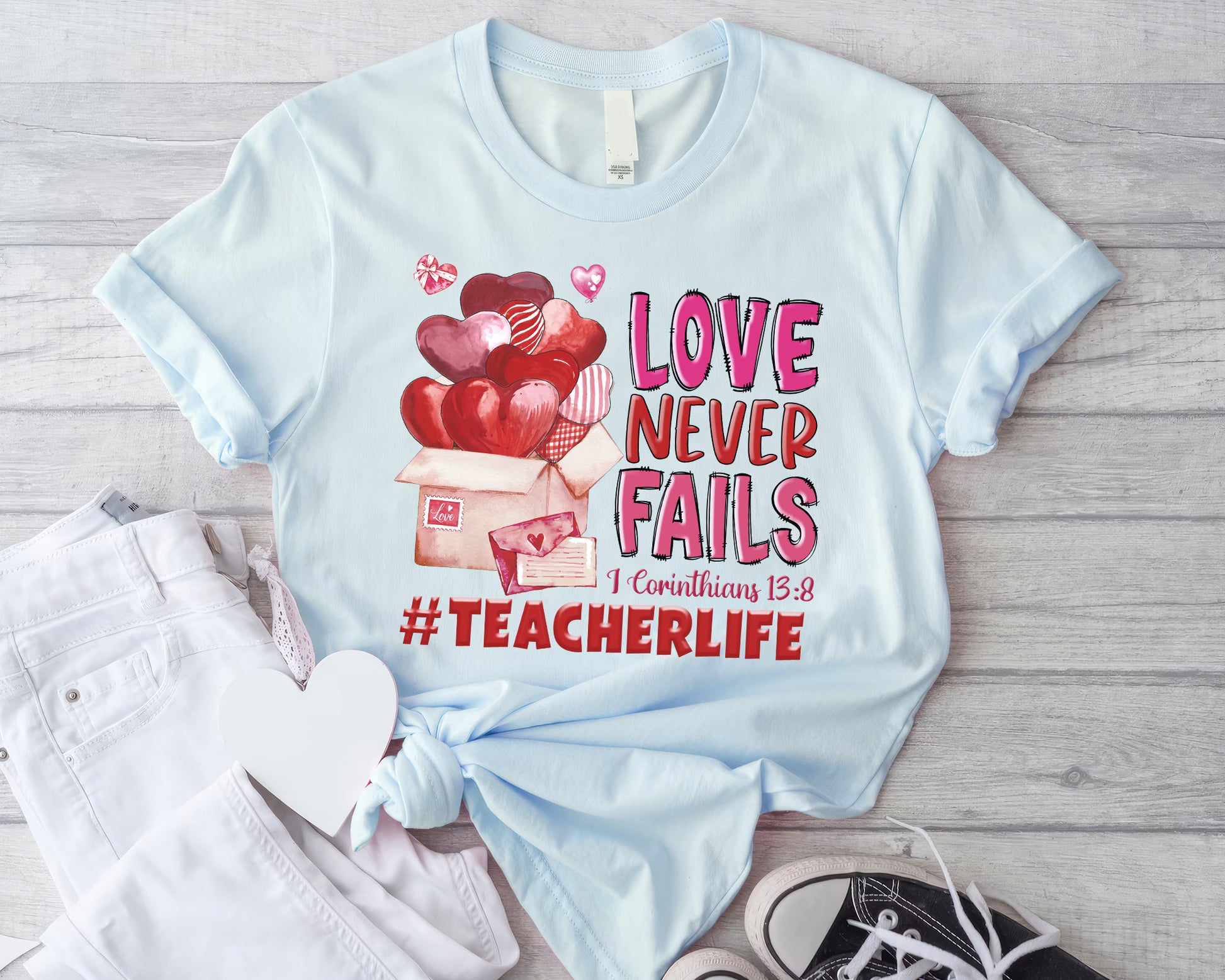 Tee Art Online - Valentine Watercolor Love Never Fails Personalized Tee | Valentine's Day Kawaii Cute Gifts | Teacher Design | I Corinthians 13:8 quotes - Light blue