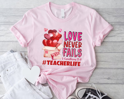 Tee Art Online - Valentine Watercolor Love Never Fails Personalized Tee | Valentine's Day Kawaii Cute Gifts | Teacher Design | I Corinthians 13:8 quotes - Pink