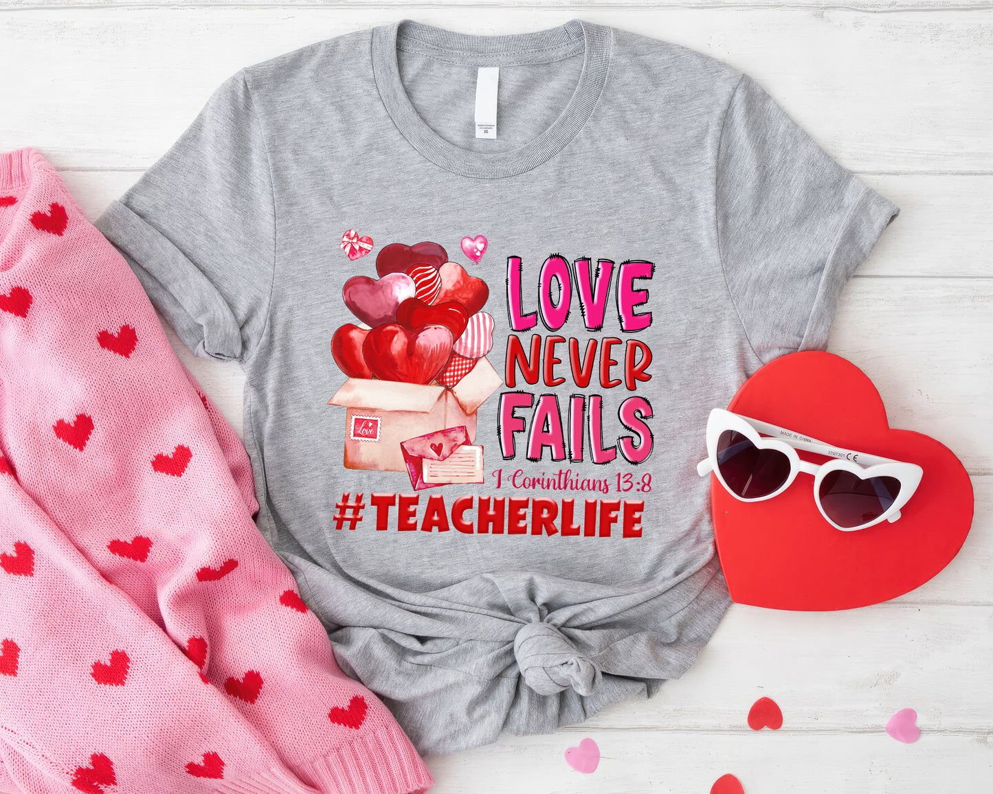Tee Art Online - Valentine Watercolor Love Never Fails Personalized Tee | Valentine's Day Kawaii Cute Gifts | Teacher Design | I Corinthians 13:8 quotes - Sport grey