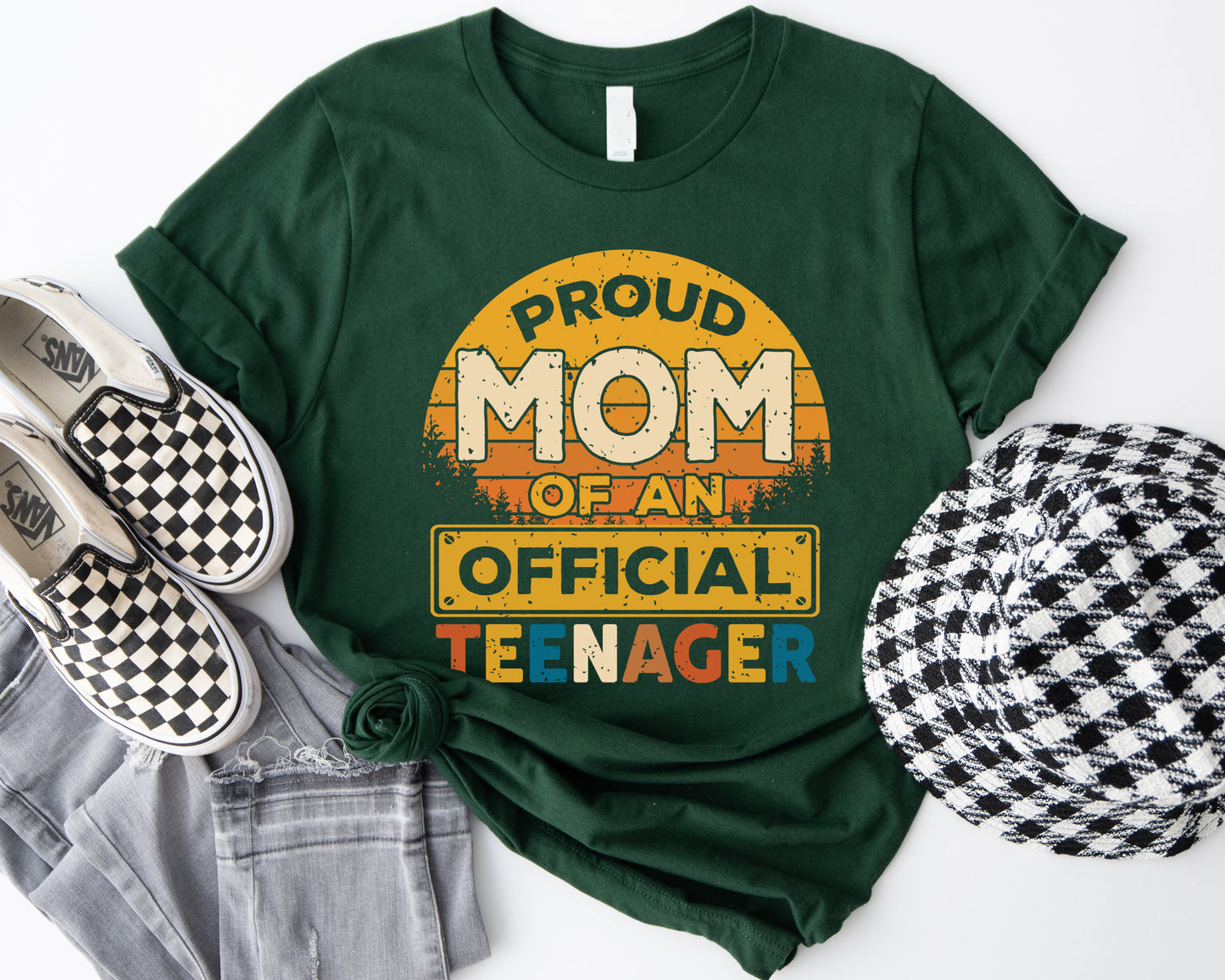 Retro Sunset Proud MOM of An Official Teenager Tee - Retro Style T-shirt Design | Mother's Day | Graduation day | Coming-of-age Ceremony - Forest green