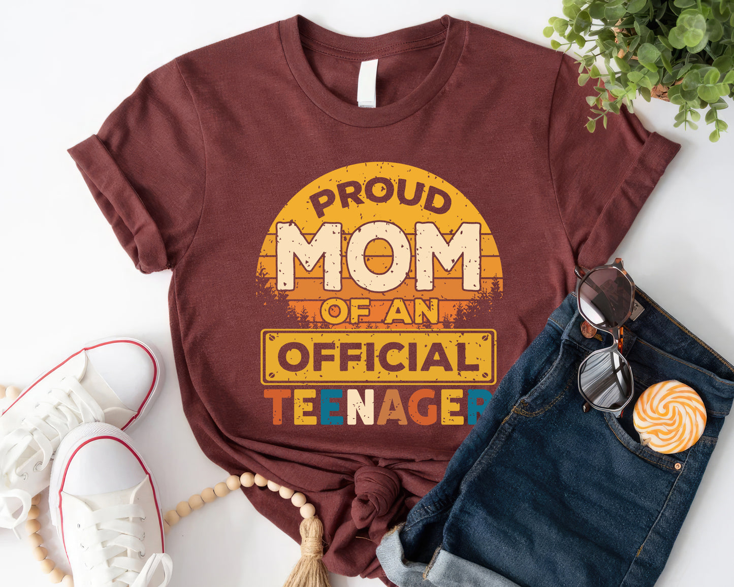 Retro Sunset Proud MOM of An Official Teenager Tee - Retro Style T-shirt Design | Mother's Day | Graduation day | Coming-of-age Ceremony - maroon