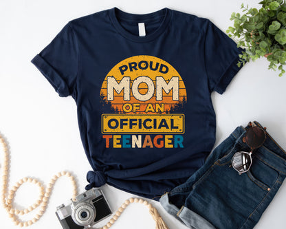 Retro Sunset Proud MOM of An Official Teenager Tee - Retro Style T-shirt Design | Mother's Day | Graduation day | Coming-of-age Ceremony - navy