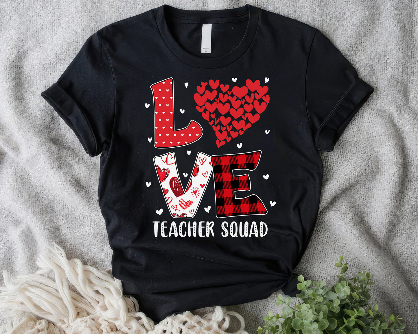 Tee Art Online Valentine Red Hearts Within Heart LOVE Teacher Personalized Tee | Valentine's Day Kawaii Cute Gifts | Buffalo Plaid Pattern Teacher Design - black