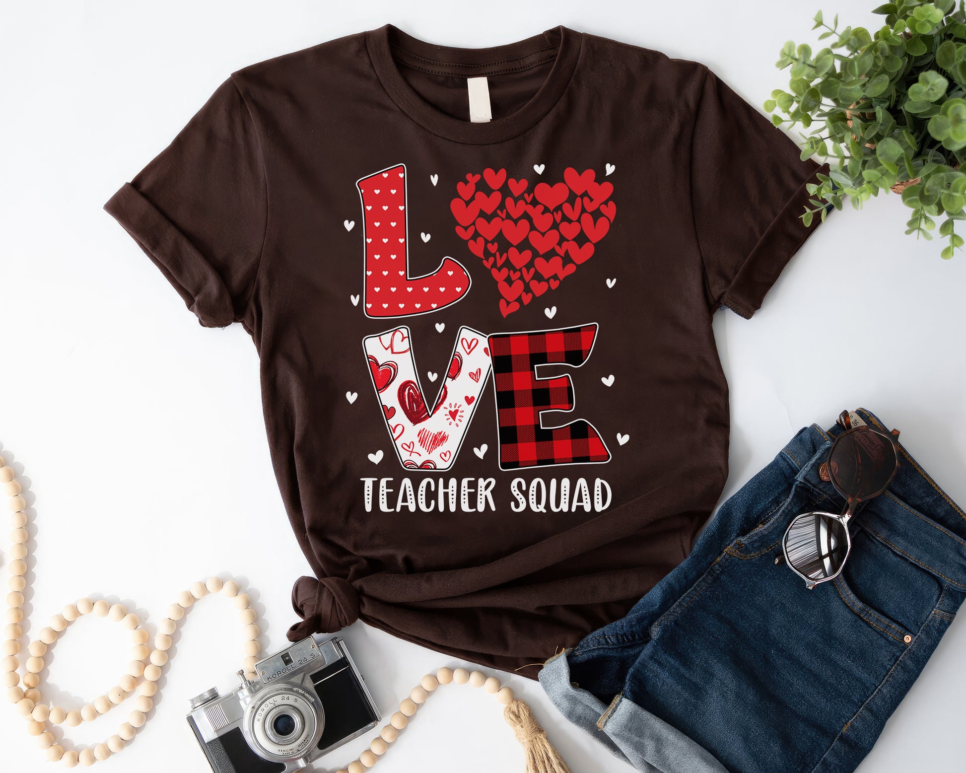 Tee Art Online Valentine Red Hearts Within Heart LOVE Teacher Personalized Tee | Valentine's Day Kawaii Cute Gifts | Buffalo Plaid Pattern Teacher Design - dark choocolate